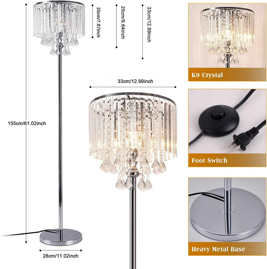 Crystal Floor Lamp with Foot Switch, 3-Light Standing Light for Living Room E9830