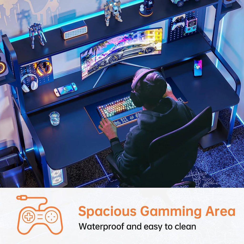 Gaming Desk with Hutch and Shelves, LED Lights, Monitor Shelf, Black B371