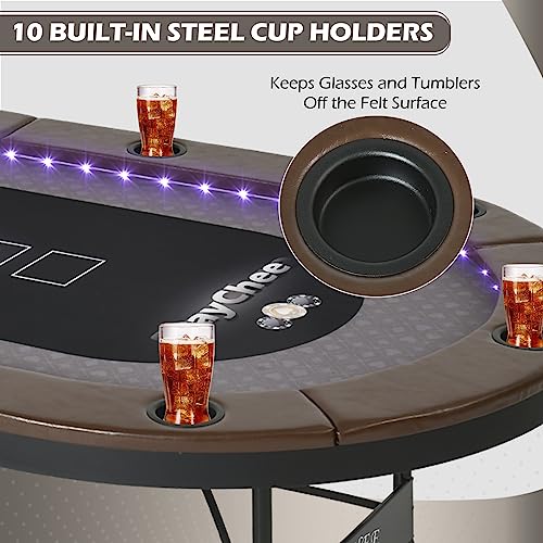 LED Poker Table, 10 Player Foldable Texas Holdem with LED Lights, USB Ports, Cup Holders A93805