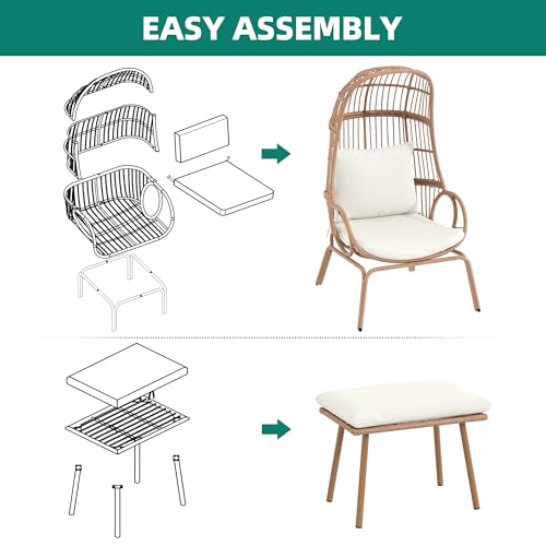 Outdoor Egg Chair with Stand and Cushion, Patio Rattan Basket Chair, Beige F352720
