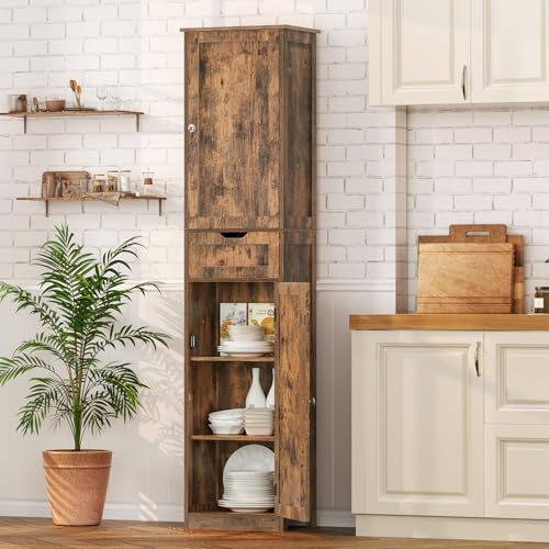 67" Tall Bathroom Cabinet with 2 Doors and 1 Drawer, Adjustable Shelves T930834