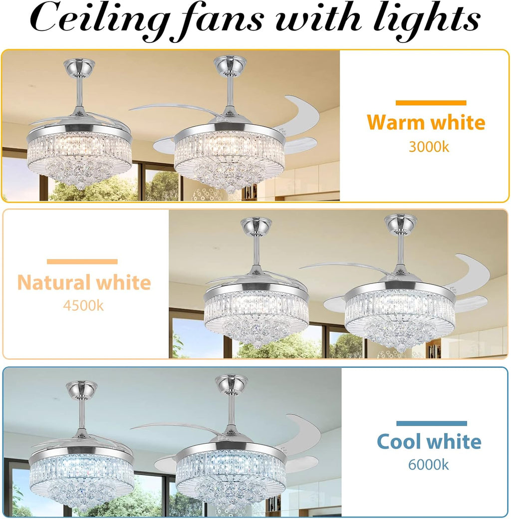 Crystal Ceiling Fan with Light, Dimmable LED Remote Control, Retractable Blades U2447