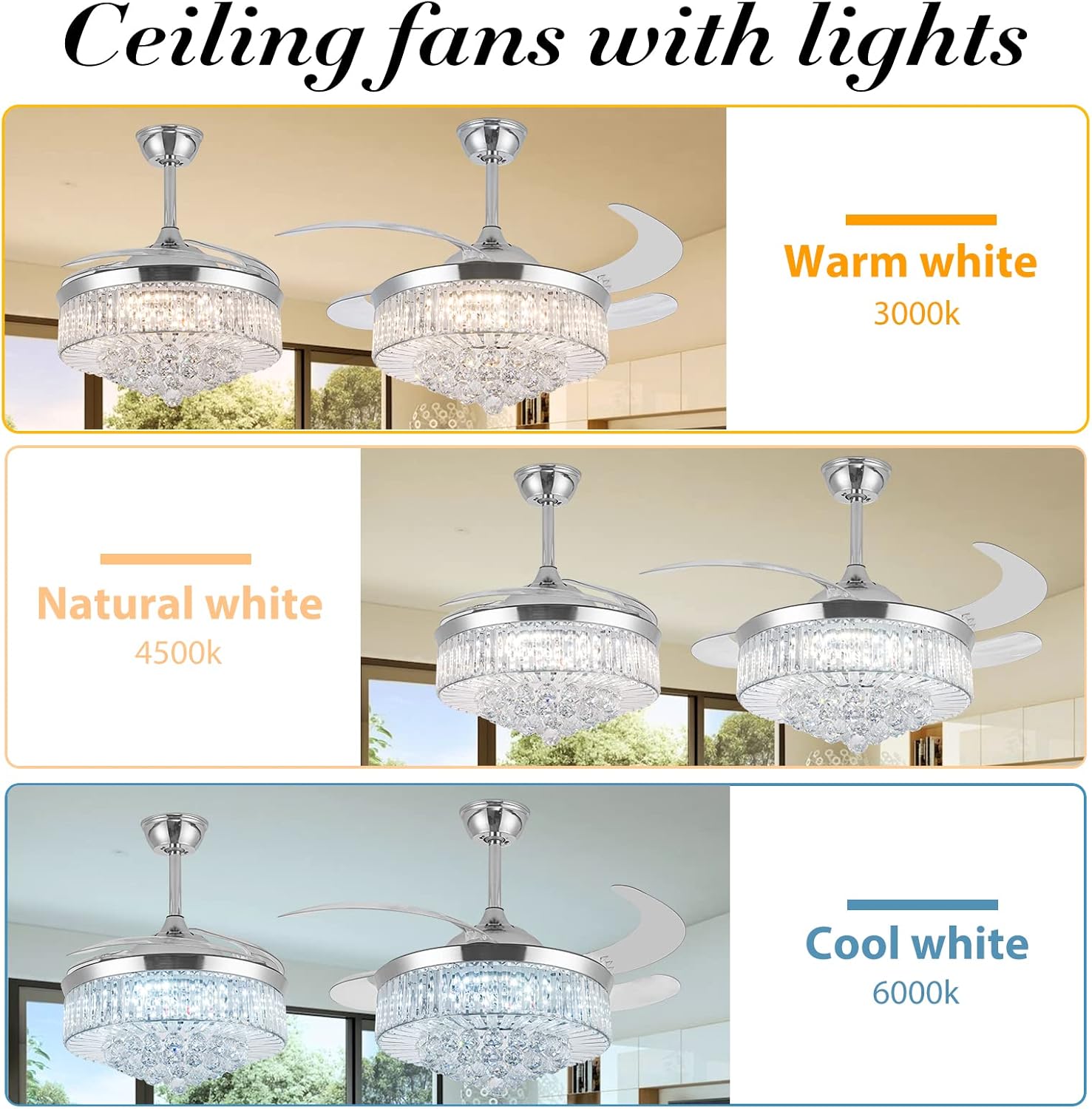 Crystal Ceiling Fan with Light, Dimmable LED Remote Control, Retractable Blades U2447