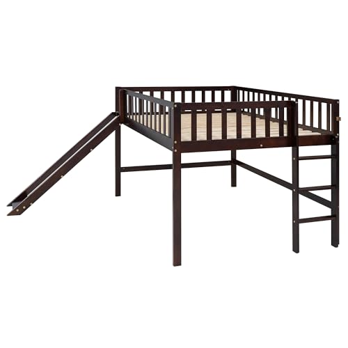 Wood House Loft Bed Frame with Slide and Storage Shelves Z806