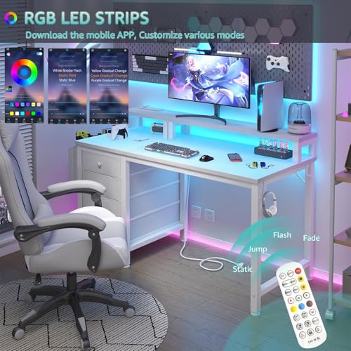 Gaming Desk with LED Lights and Power Outlets, 47 Inch Computer Desk with Fabric Drawers U2584