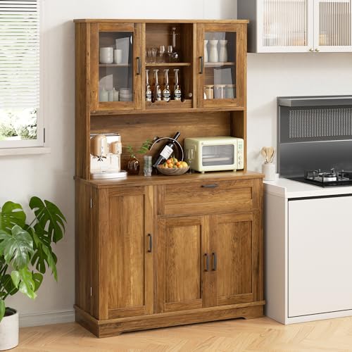 Freestanding Kitchen Pantry Cabinet with Microwave Stand, 4 Doors, Adjustable Shelves and Wine Rack C21265