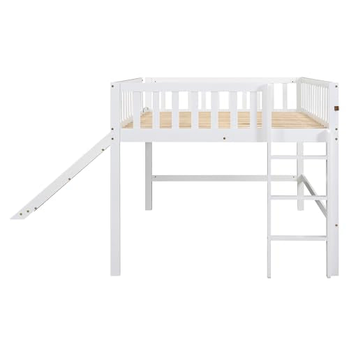 Wood House Loft Bed Frame with Slide and Storage Shelves Z806