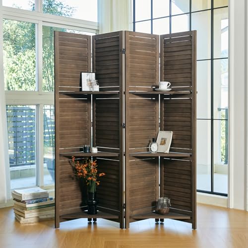 Folding Room Divider with Shelves, 6 Panels, Brown D785582