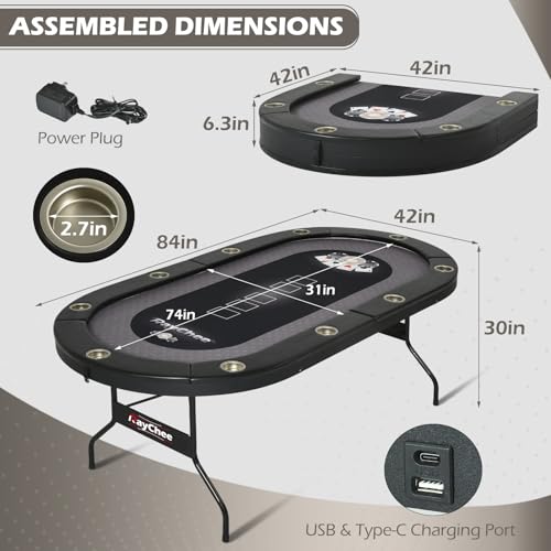 LED Poker Table, 10 Player Foldable Texas Holdem with LED Lights, USB Ports, Cup Holders A93805