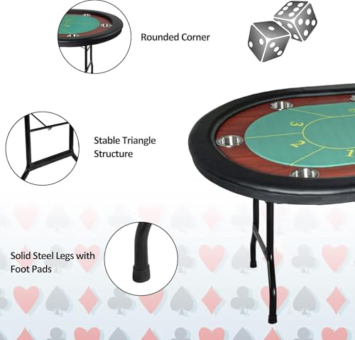 84" Foldable Poker Table with Chips Tray, 10 Player Oval, Green Felt U489