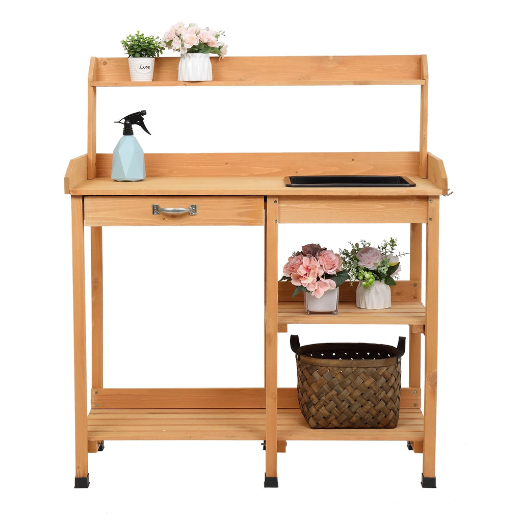 Wooden Potting Bench with Sink, Hooks and Storage Shelf Q510378