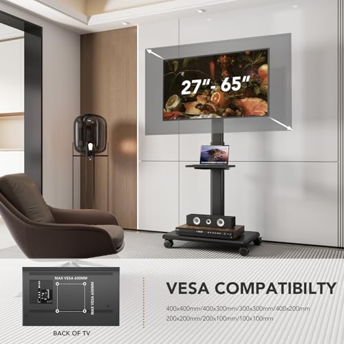 Rolling Floor TV Stand with Wheels, Height Adjustable for 27-65 Inch TVs B690