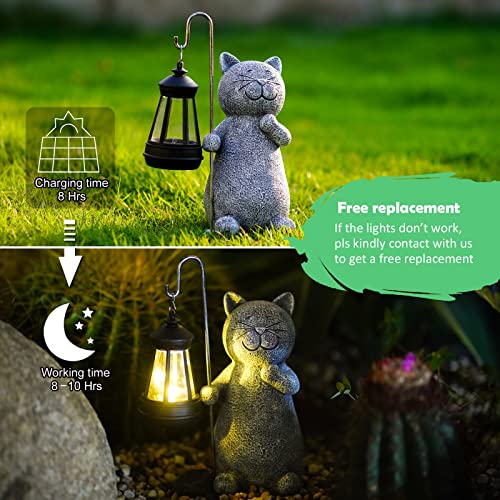 Solar Garden Cat Statue with Lantern for Patio Yard B489