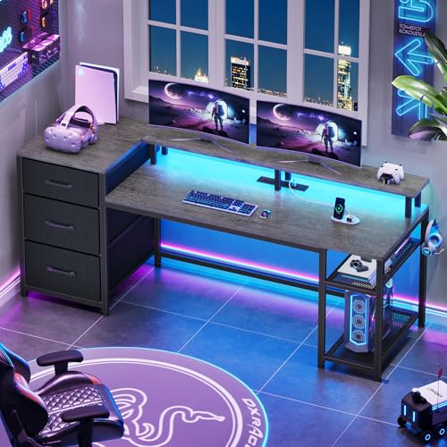 Office Desk with Drawers, Reversible Computer Desk with Storage, LED Lights & Power Outlet, Rustic Brown X65554