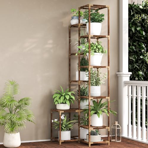 HOMKIRT 10 Tier Tall Corner Plant Stand Shelf Indoor Outdoor, Large Wood Plant Rack Holder Ladder Flower Stand Display for Living Room Patio Porch Garden Window