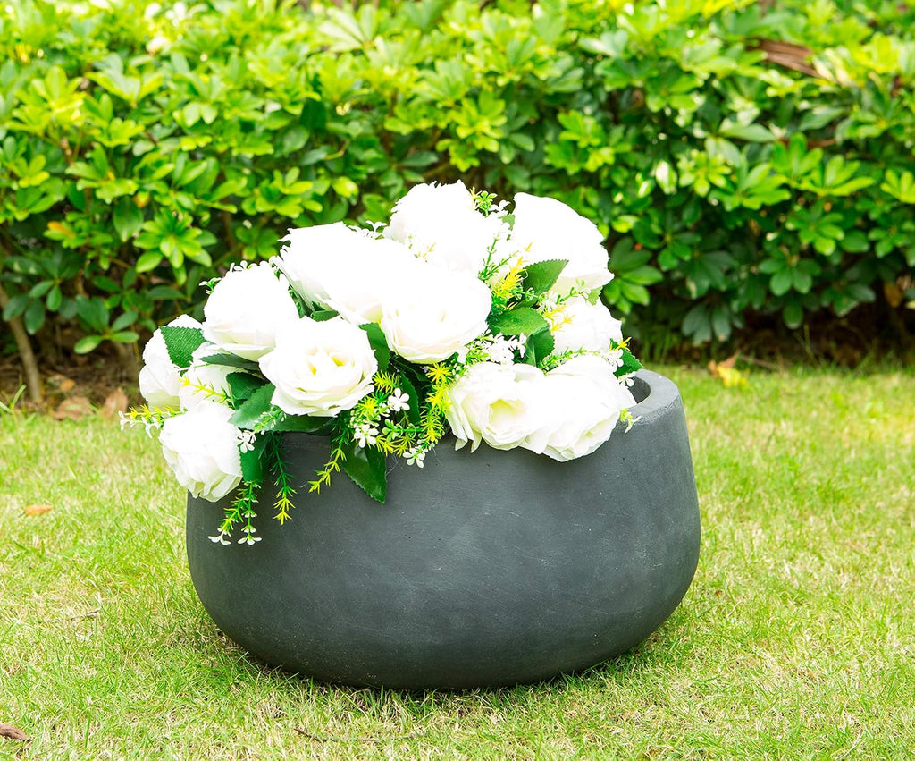 16" W Round Charcoal Lightweight Concrete/Fiberglass Indoor Outdoor Elegant Bowl Planter