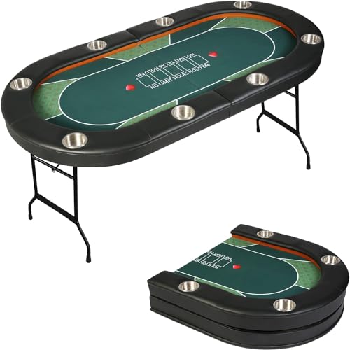 84" Foldable Poker Table with Chips Tray, 10 Player Oval, Green Felt U489
