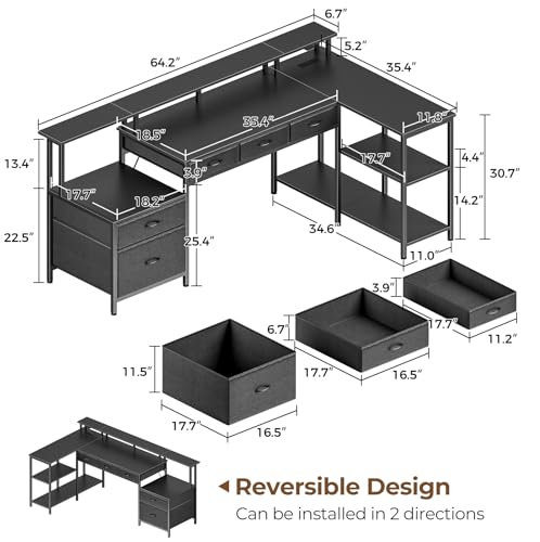 L Shaped Desk with File Drawers, Power Outlet & LED Lights, Corner Computer Desk with Monitor Stands Z425
