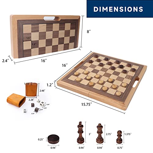 16" 3-in-1 Wooden Folding Chess, Checker & Backgammon Board Game Set L259