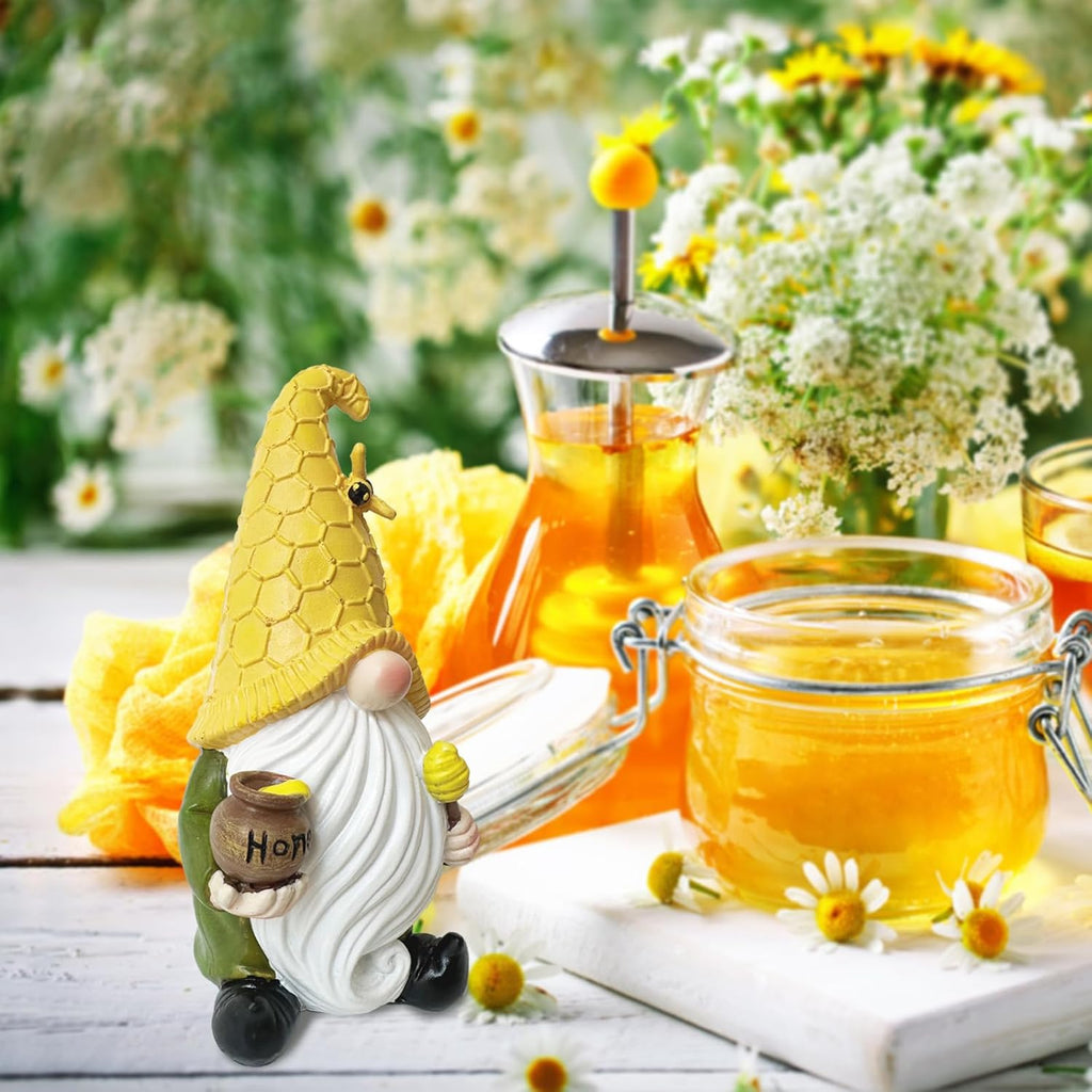 Bee Gnome Figurine Holding Honey Jar Resin Table Decor Y4077