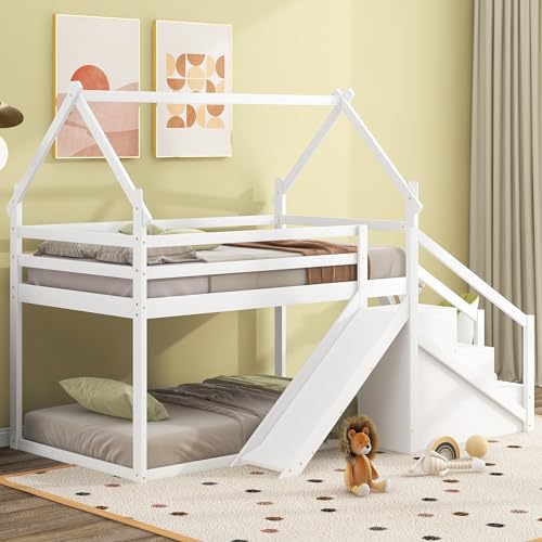 Wood House Loft Bed Frame with Slide and Storage Shelves Z806