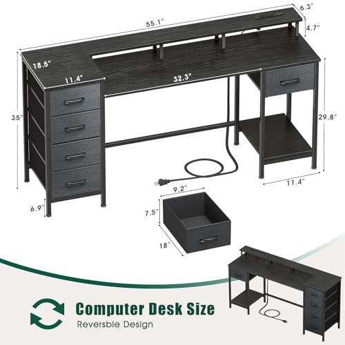 47 Inch Computer Gaming Desk with Power Outlets LED Lights and Storage Drawers I77165