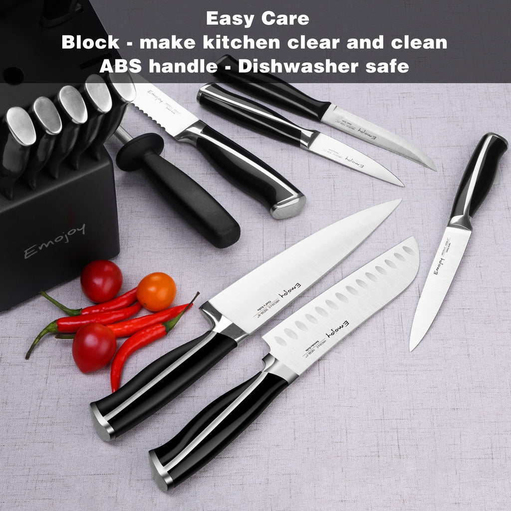 15-Piece Kitchen Knife Set with Wooden Block, Rust Proof, Black Handle I295515