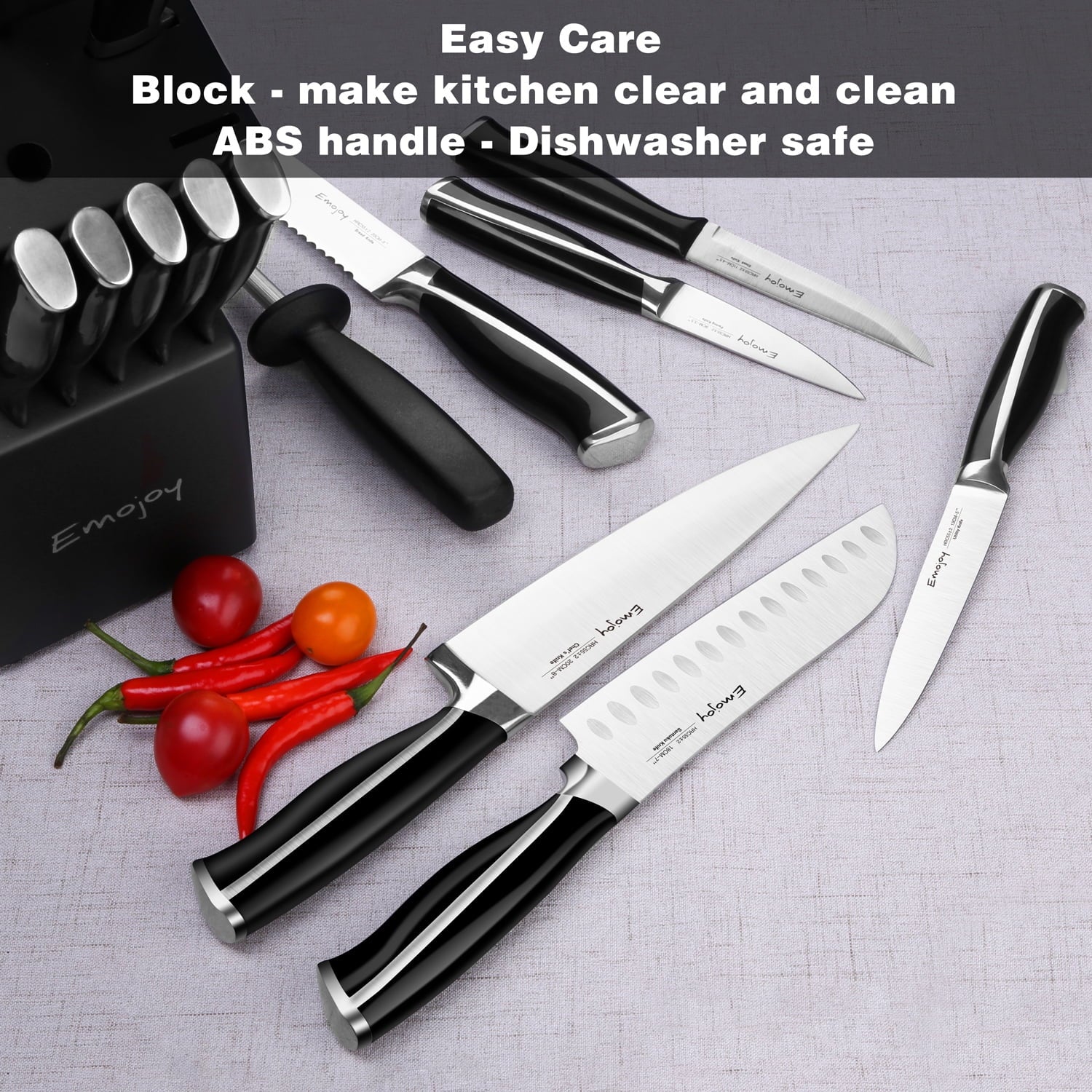 15-Piece Kitchen Knife Set with Wooden Block, Rust Proof, Black Handle I295515