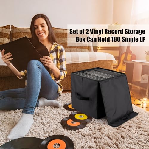 7-inch Vinyl Record Storage Box, Foldable Stackable Set of 2 with Lid and Handle D3720