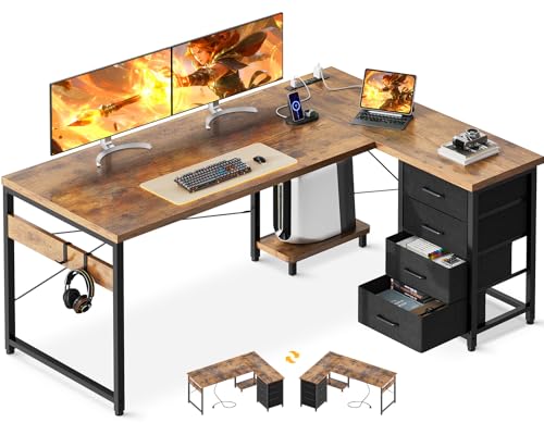 L Shaped Desk with 4 Tier Drawers, Power Outlets & USB, Corner Computer Desk with CPU Stand U4256