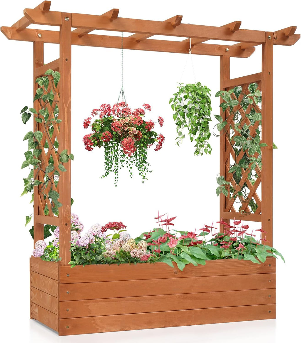 Outvita Raised Garden Bed with Trellis, Wood Planter Box with Hanging Roof, Side Trellis and Drainage Holes, above Ground Elevated Garden Bed for Outdoor Climbing Plants Vegetables Flowers Herbs