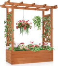 Outvita Raised Garden Bed with Trellis, Wood Planter Box with Hanging Roof, Side Trellis and Drainage Holes, above Ground Elevated Garden Bed for Outdoor Climbing Plants Vegetables Flowers Herbs