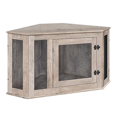 Corner Dog Crate Furniture, Wooden Dog Kennel End Table, Decorative Pet Crate Indoor Use, Furniture Style Dog House for Small Medium Dog, Dog Cage TV Stand, Greige and Black DCHG0801