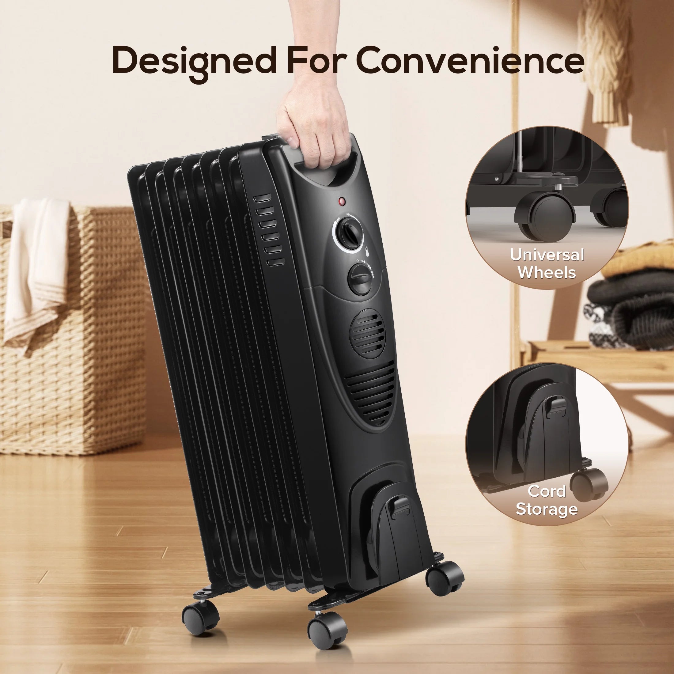 Electric Oil Filled Radiator Heater with Thermostat, Black B899326