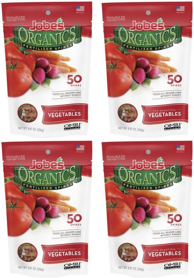 Jobe’s Organics Vegetable & Tomato Fertilizer Spikes, 2-7-4 Time Release Fertilizer for All Vegetables, Herbs and Tomato Plants, 50 Spikes per Package (4-Pack)