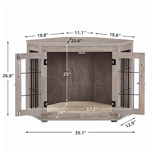 Wooden Dog Crate Corner End Table with Cushion for Indoor Use, Large G236961