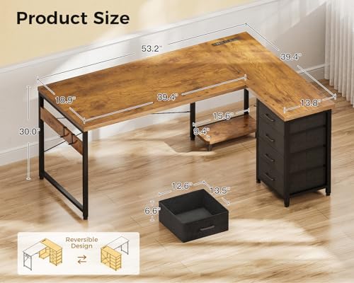 L Shaped Desk with 4 Tier Drawers, Power Outlets & USB, Corner Computer Desk with CPU Stand U4256