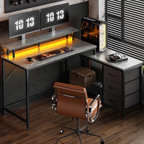 L Shaped Computer Desk with Drawers, LED Lights and Power Outlets O9269