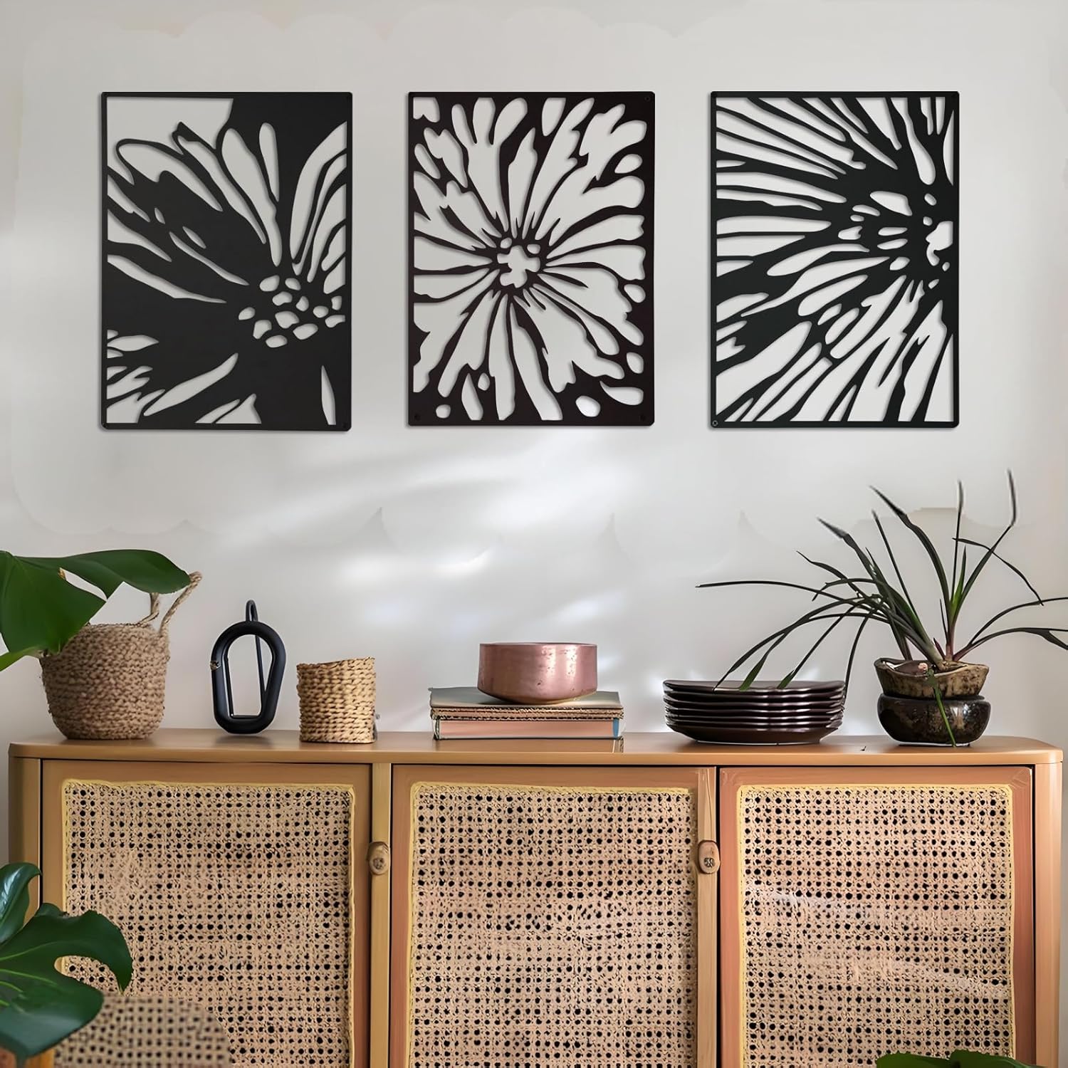QZGXDECO Metal Wall Art Decor,Black Metal Wall Decor Living Room,16" Modern Bedroom Wall Decor Above Bed,3PCS Abstract Wall Art Decorations for Bedroom,Bathroom,Home Offices.