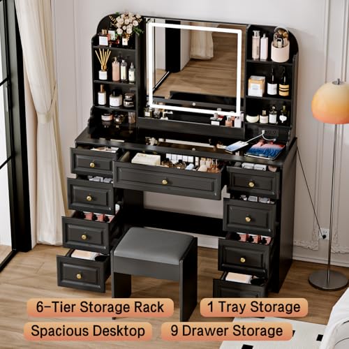 Makeup Vanity Desk with Mirror and Lights, Glass Top, 9 Drawers M5813
