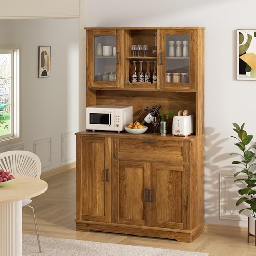 Freestanding Kitchen Pantry Cabinet with Microwave Stand, 4 Doors, Adjustable Shelves and Wine Rack C21265