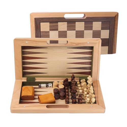 16" 3-in-1 Wooden Folding Chess, Checker & Backgammon Board Game Set L259