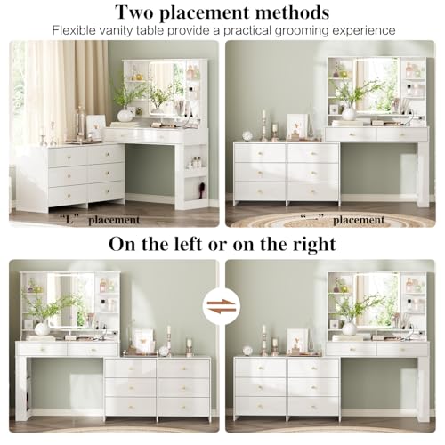 Large Makeup Vanity Desk with Mirror and Lights, 8 Drawers, Power Outlet B666