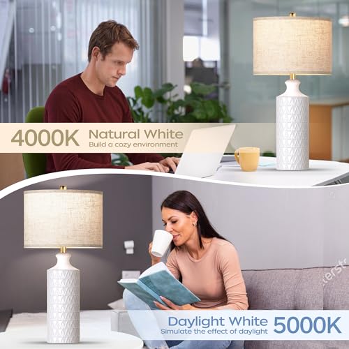 Farmhouse Ceramic Table Lamp Set of 2, 25" White Bedside Lamp with 3-Color LED Bulbs C7923