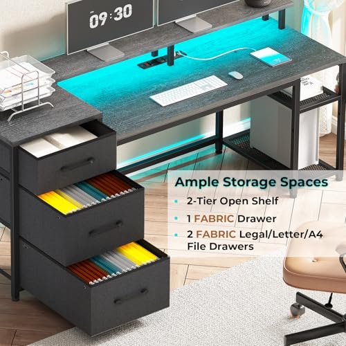 Office Desk with Drawers, Reversible Computer Desk with Storage, LED Lights & Power Outlet, Rustic Brown X65554