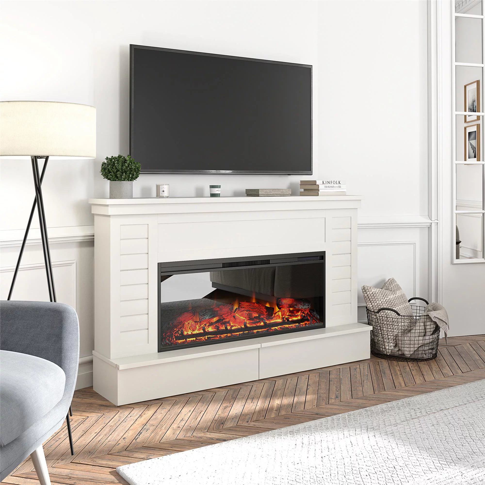 White Shiplap Mantel with Electric Fireplace and Storage Drawers J37651