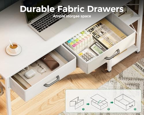 Small Computer Desk with Drawers & Power Outlet for Bedroom, Home Office M131