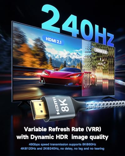 8K HDMI Cable 25FT, 48Gbps, HDMI 2.1, Braided Cord for HDTV/Monitor Y68726