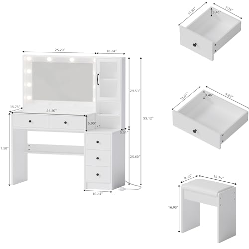 White Vanity Table with Drawer, Charging Station, Lighted Mirror P35549