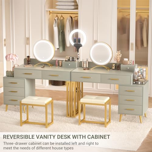 White Vanity Desk with Mirror and Lights, 6 Drawers and Stool Z334